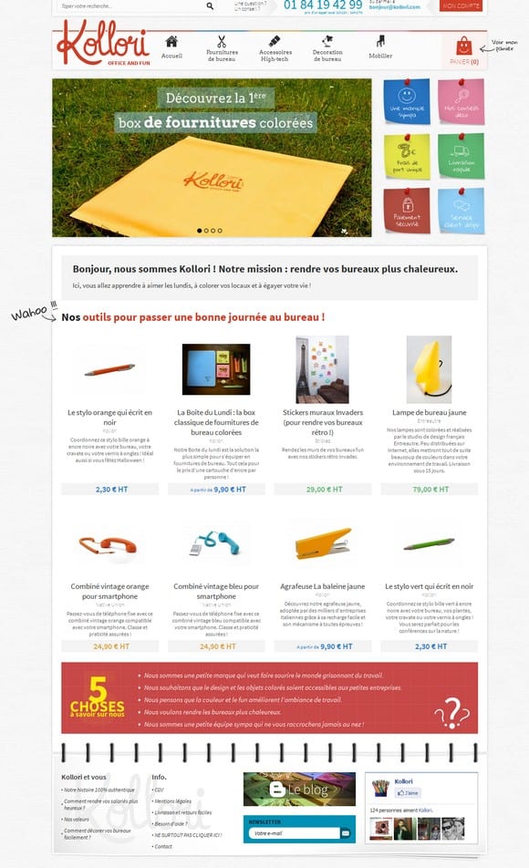 La page d'accueil de Kollori, la boutique qui rend vos bureaux plus chaleureux !