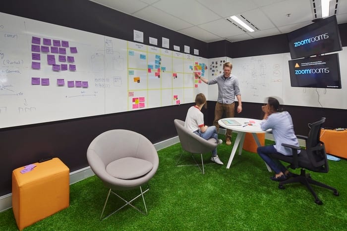 Salle d’atelier des bureaux d’Amaysim à Sydney : murs-tableaux couverts de post-it, sol en gazon synthétique et équipe en séance de brainstorming