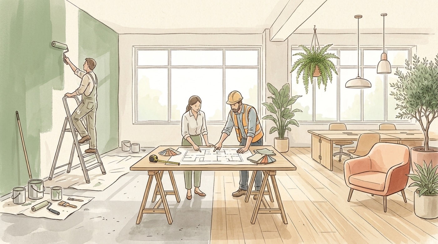 Illustration d’un bureau en rénovation, entre peinture en cours et espace déjà réaménagé