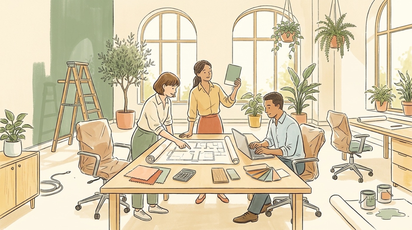 Illustration d’une équipe qui prépare l’aménagement de ses bureaux autour de plans, d’échantillons et d’une calculatrice