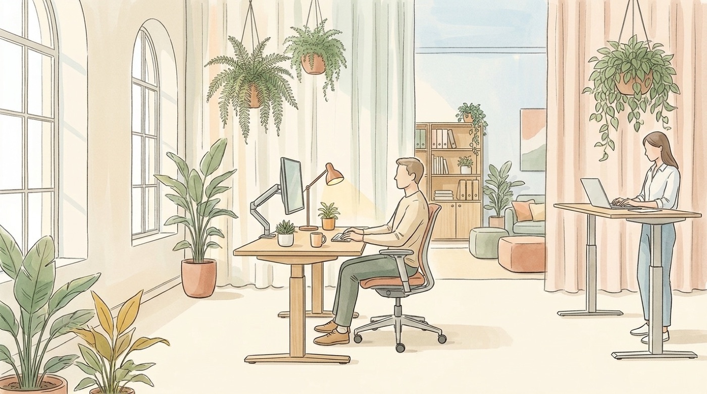 Illustration d’un bureau lumineux où un homme travaille assis à un poste réglé et une femme debout à un bureau assis-debout, entourés de plantes