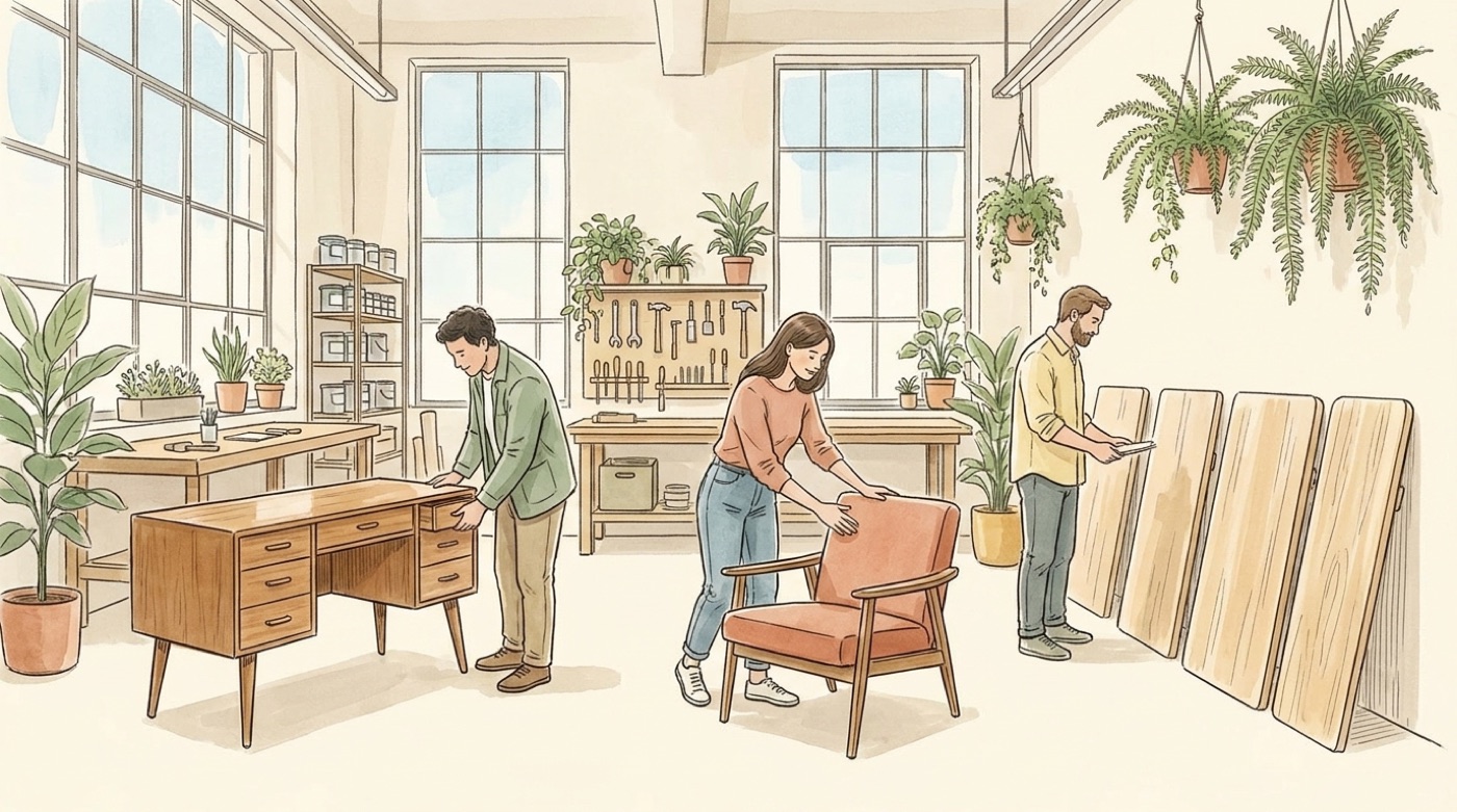 Illustration d’une petite équipe qui inspecte du mobilier d’occasion dans un atelier de reconditionnement lumineux : un bureau en bois à tiroirs, un fauteuil retapissé en tissu terracotta et des plateaux poncés alignés contre le mur