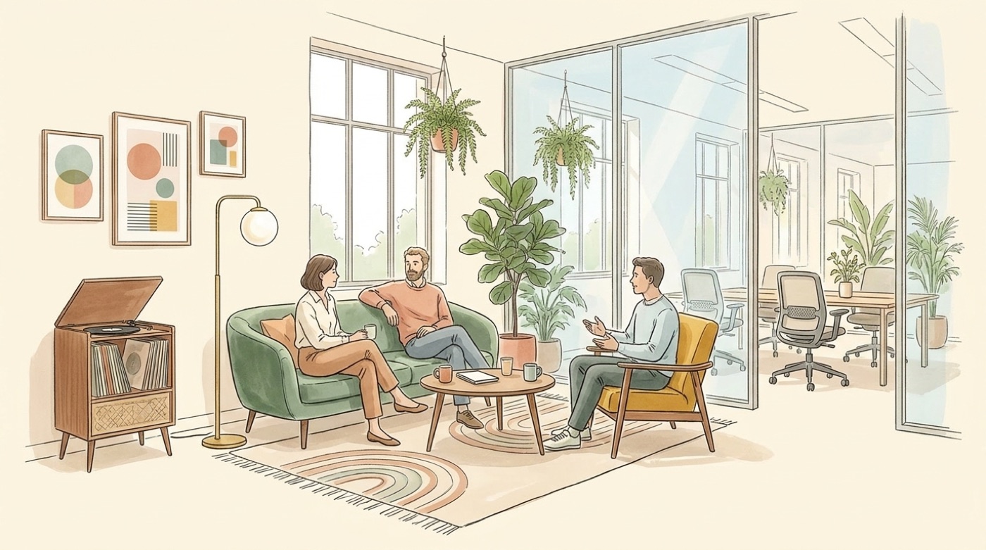 Illustration d’un coin détente rétro dans un bureau, avec canapé en velours vert, fauteuil moutarde, lampe à globe, meuble à disques et tapis à motifs en arcs, devant des postes de travail équipés de sièges ergonomiques