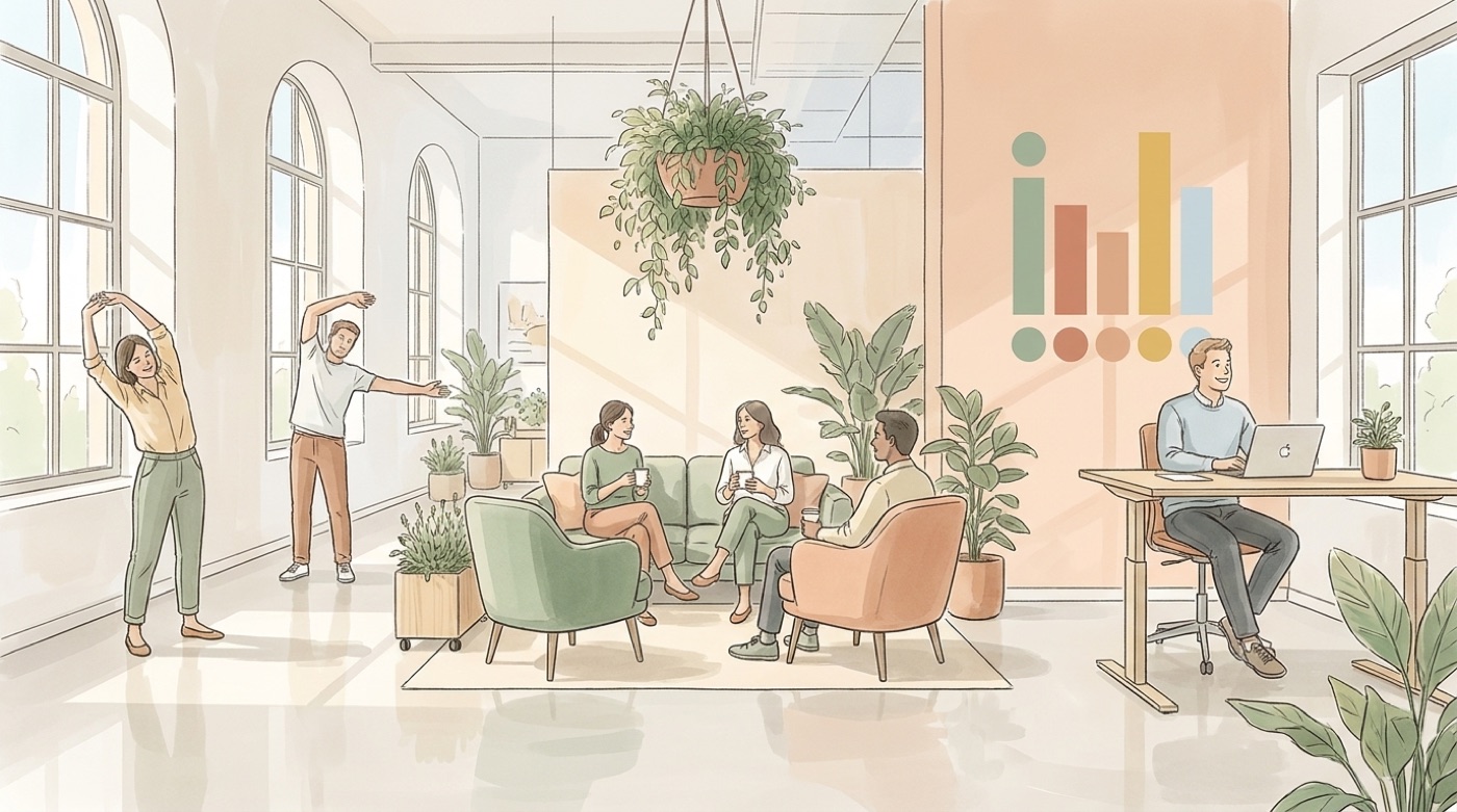 Illustration d’un bureau lumineux où des collègues s’étirent, discutent dans un salon et travaillent debout, devant un grand graphique en barres au mur