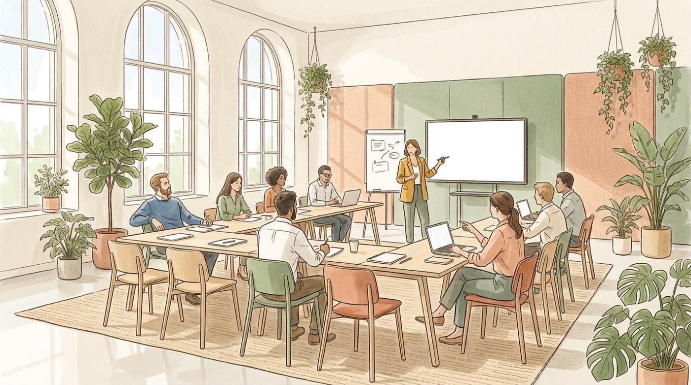 Illustration d’une salle de formation lumineuse, avec des tables disposées en U face à un écran et un formateur debout au centre