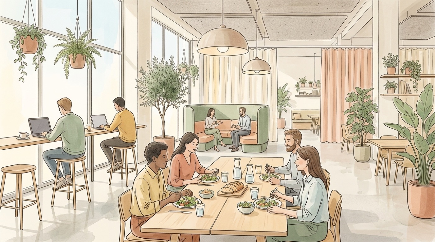 Illustration d’un restaurant d’entreprise lumineux où des collègues déjeunent à une grande table pendant que d’autres travaillent au comptoir le long des fenêtres et discutent dans une banquette