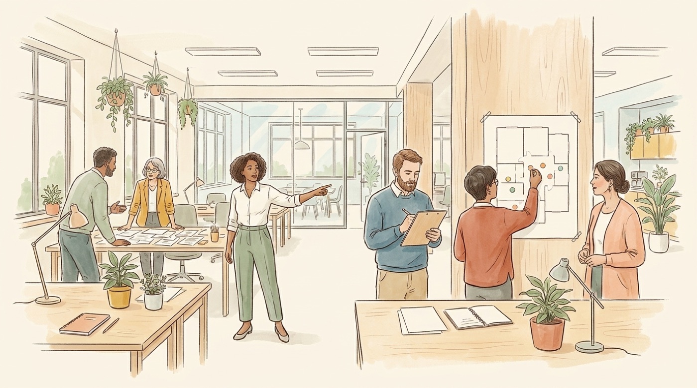 Illustration d’une balade exploratoire dans les bureaux : une salariée désigne une zone du plateau, un collègue prend des notes sur un bloc et un autre colle des gommettes sur un plan affiché à un pilier