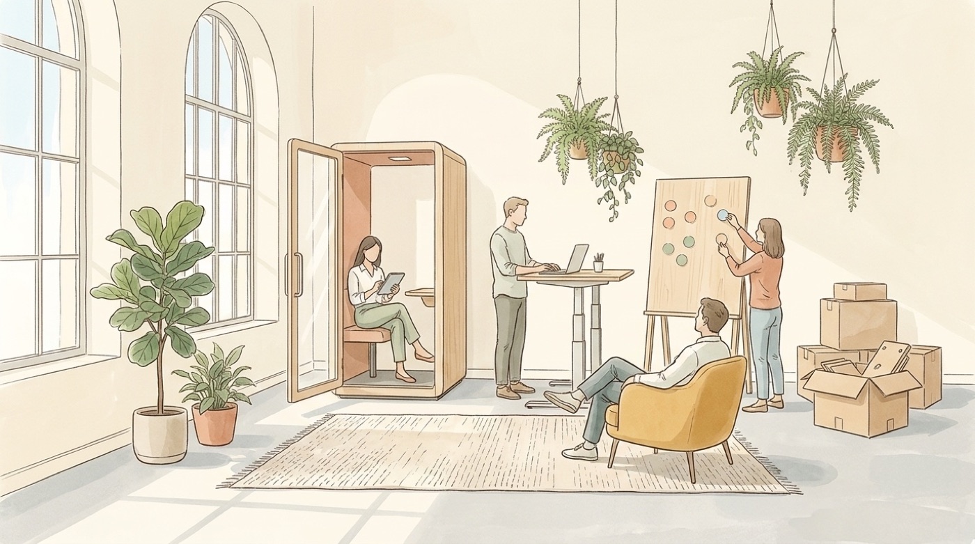 Illustration d’une zone pilote dans un bureau lumineux : une salariée travaille dans une cabine acoustique, un collègue teste un bureau assis-debout, un autre un fauteuil, et une collègue donne son avis avec des gommettes