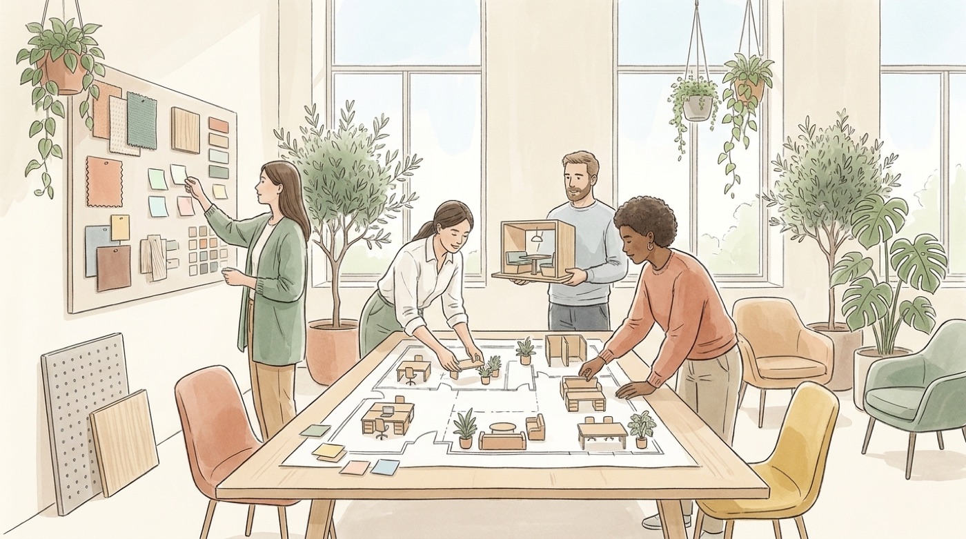 Illustration d’une équipe qui conçoit ses futurs bureaux autour d’un grand plan couvert de maquettes de meubles, pendant qu’une collègue affiche des échantillons de matériaux au mur