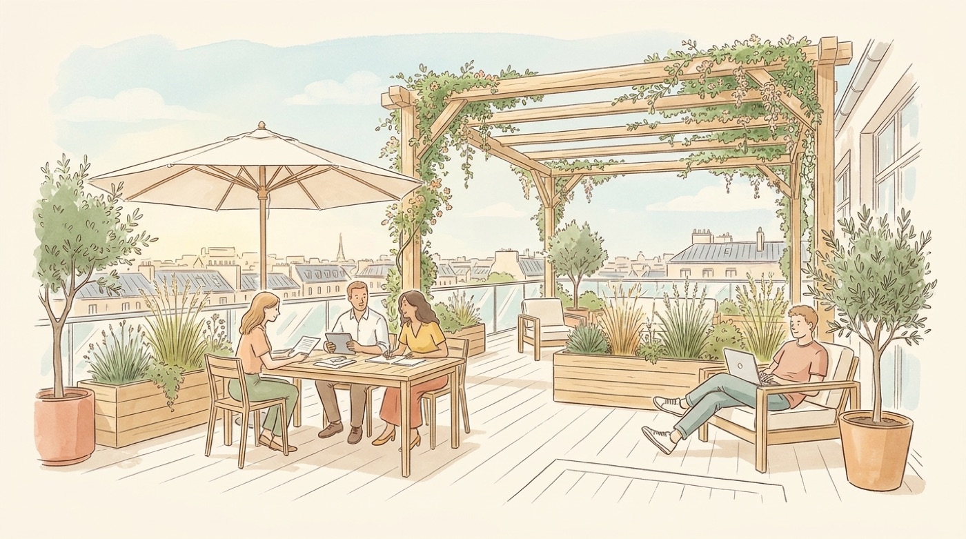 Illustration d’une terrasse d’entreprise sur les toits : trois collègues en réunion autour d’une table en bois sous un parasol, une pergola végétalisée, des jardinières d’herbes hautes, des oliviers en pot et un salarié qui travaille sur son ordinateur dans un fauteuil d’extérieur