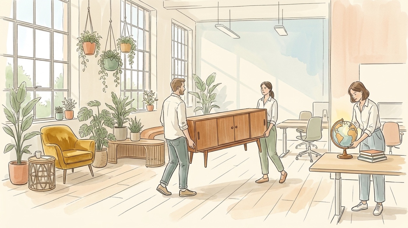 Illustration de deux collègues qui portent un buffet en bois aux pieds fuselés dans un bureau lumineux, près d’un fauteuil moutarde et d’une collègue qui pose un globe sur une table