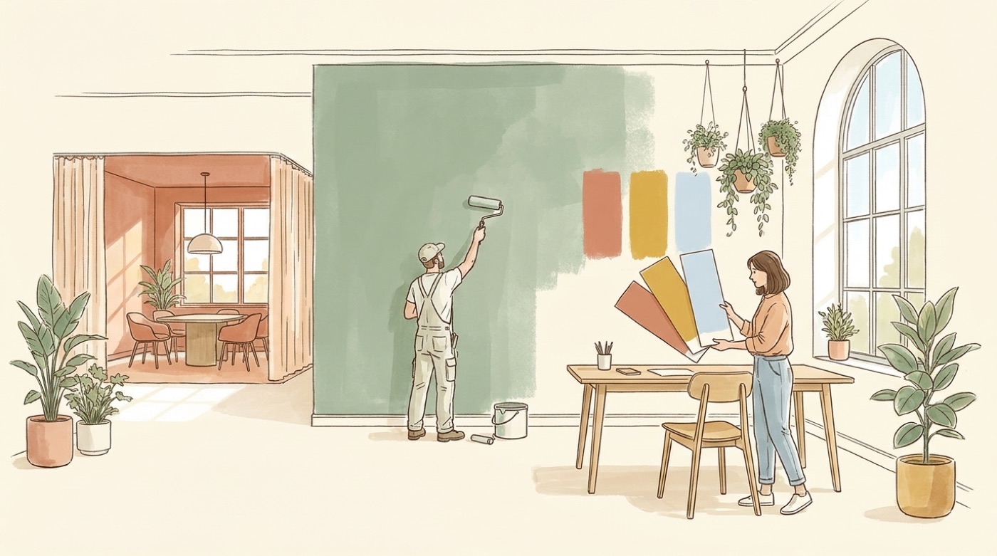 Illustration d’un bureau lumineux où un peintre passe un vert doux au rouleau pendant qu’une femme compare des nuanciers, à côté d’une alcôve de réunion terracotta