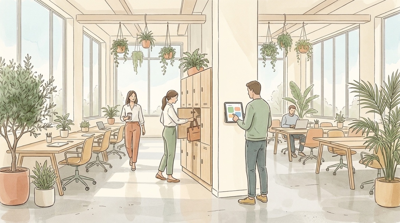 Illustration d’un bureau partagé où une salariée range ses affaires dans un casier pendant qu’un collègue réserve un poste sur une tablette murale