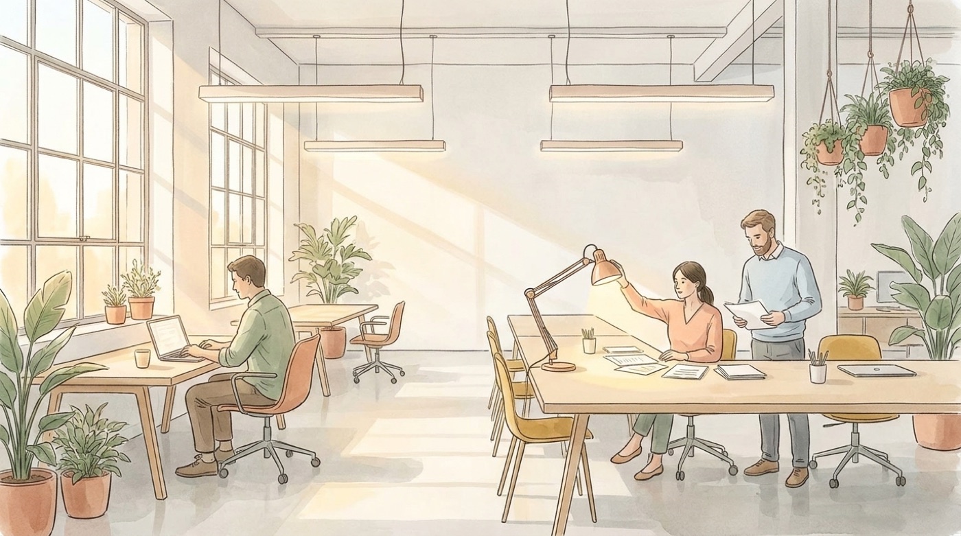 Illustration d’un open space baigné de lumière naturelle, avec suspensions et lampes de bureau