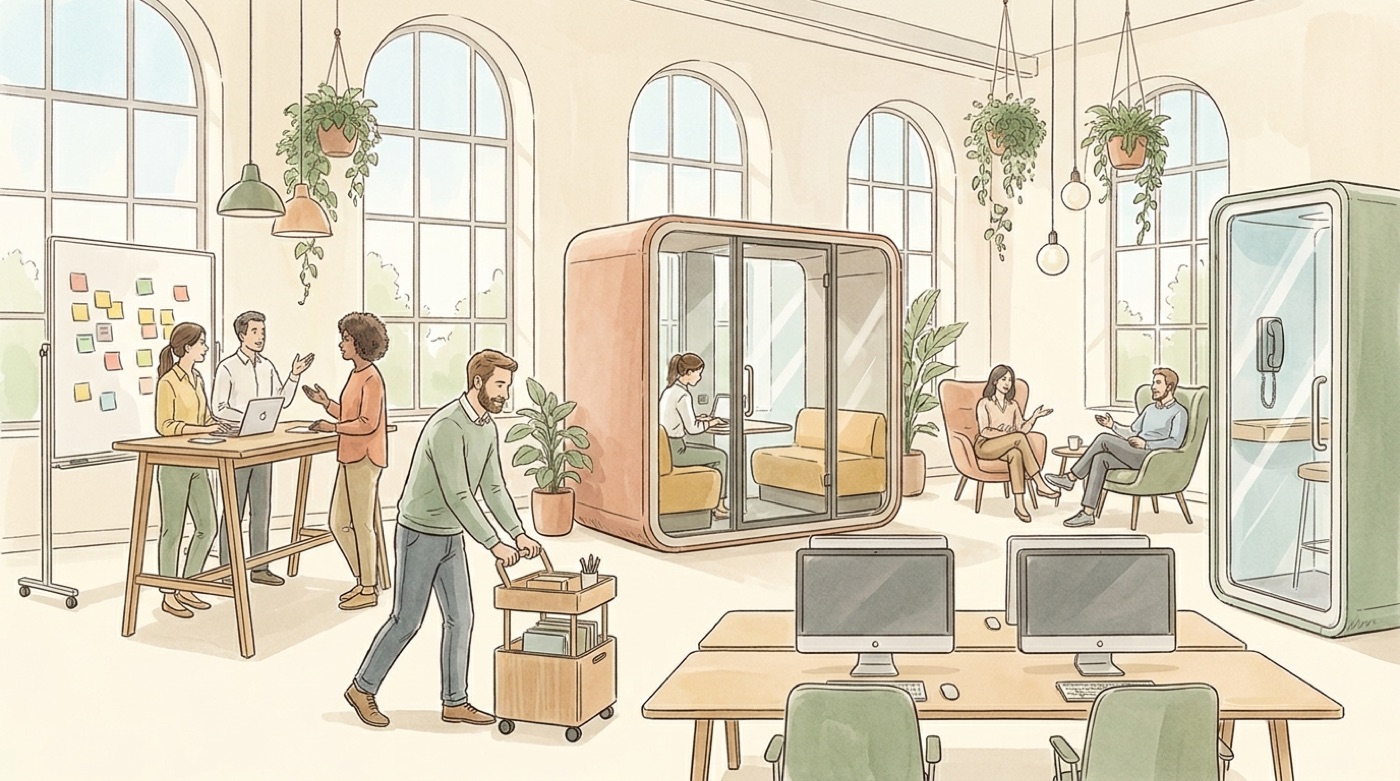 Illustration d’un plateau en flex office avec cabine acoustique, cabine téléphonique, salon, table haute d’équipe et bureaux partagés, un salarié poussant son caisson mobile