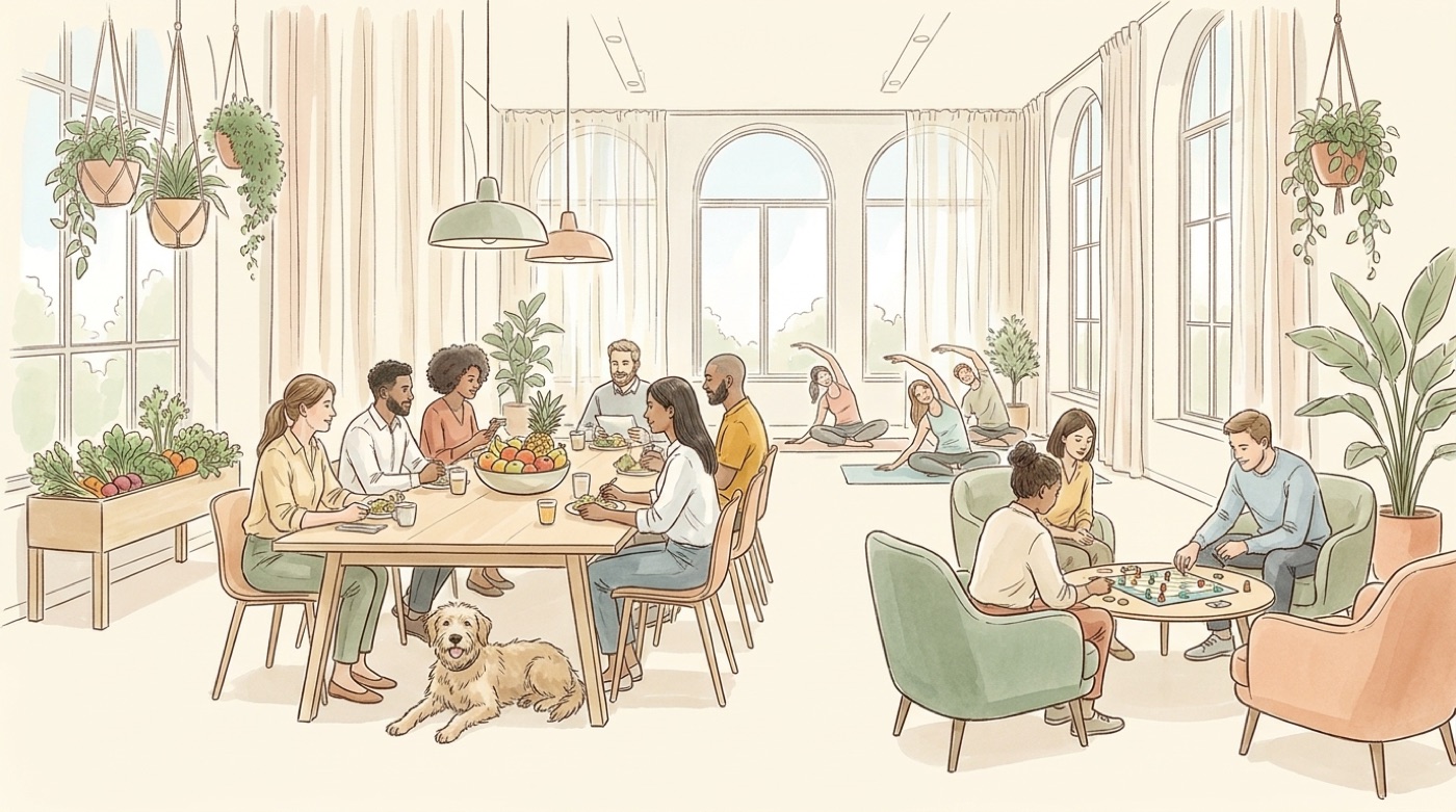 Illustration d’une équipe qui déjeune autour d’une grande table avec un chien, pendant que d’autres jouent à un jeu de société et font du yoga près des fenêtres