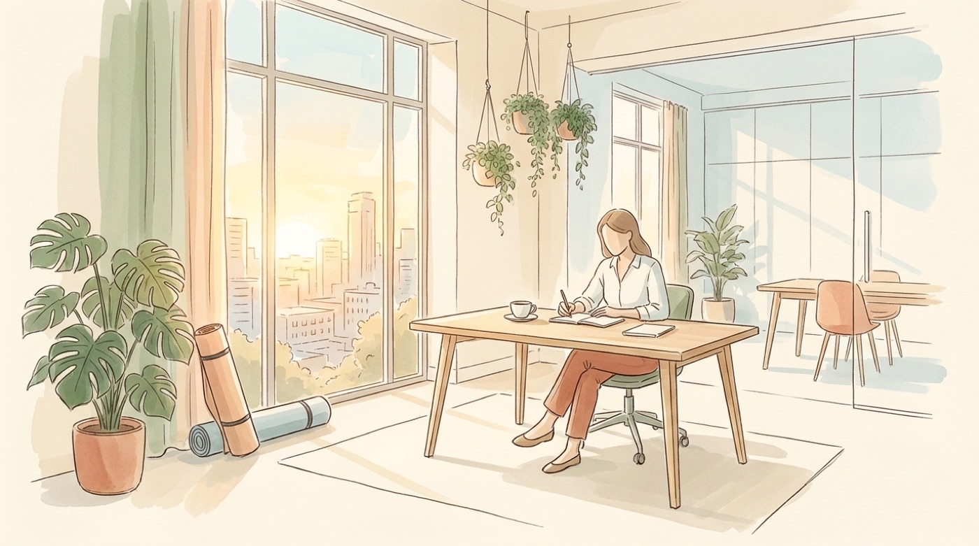 Illustration d’une femme qui écrit à son bureau au lever du soleil, près d’une grande fenêtre, avec un tapis de yoga roulé et des plantes
