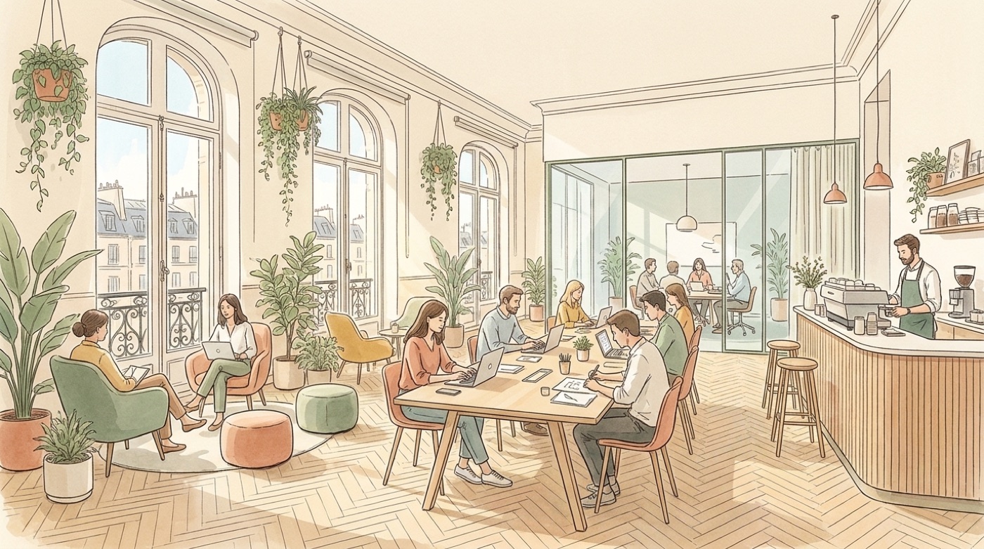 Illustration d’un espace de coworking parisien : grandes fenêtres sur les toits, parquet à chevrons, coworkers autour d’une grande table, fauteuils, plantes suspendues, salle de réunion vitrée et comptoir café