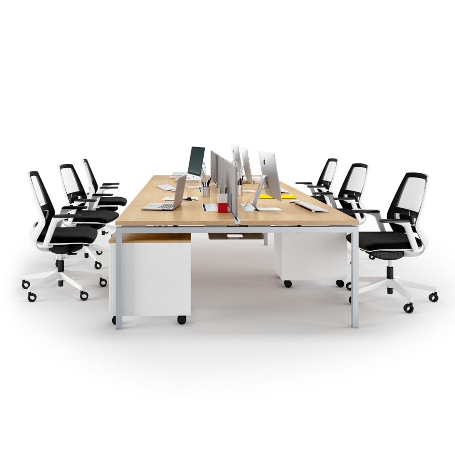 Bureau bench quatre personnes Idea avec fauteuils blancs