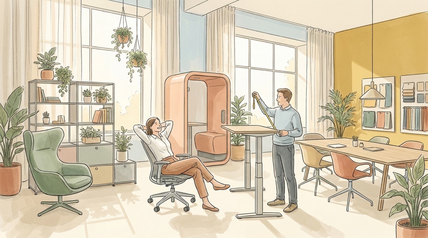 Illustration de deux personnes qui testent du mobilier de bureau dans un showroom