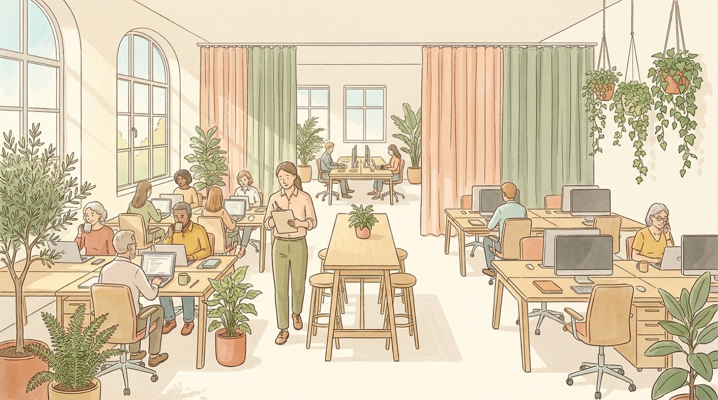 Illustration d’une office manager qui traverse un plateau de bureaux avec un porte-bloc pour compter les postes occupés, pendant que d’autres restent vides