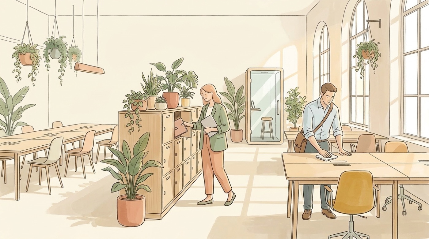 Illustration d’une fin de journée en flex office : une salariée range ses affaires dans son casier pendant qu’un collègue, sacoche à l’épaule, essuie son bureau vide avant de partir