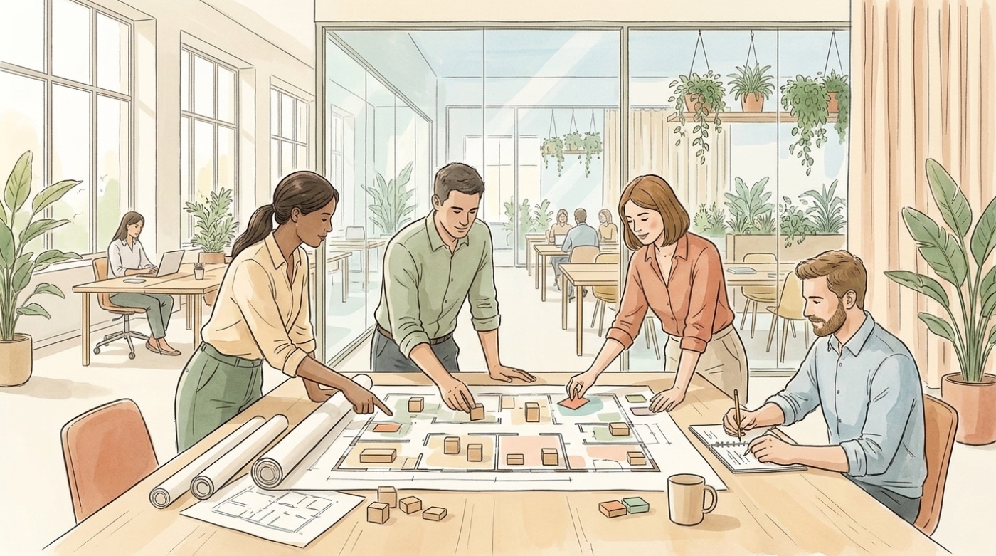 Illustration d’une petite équipe penchée sur le plan de ses bureaux, qui place des blocs de bois pour décider où iront les postes partagés, la zone calme et les cabines