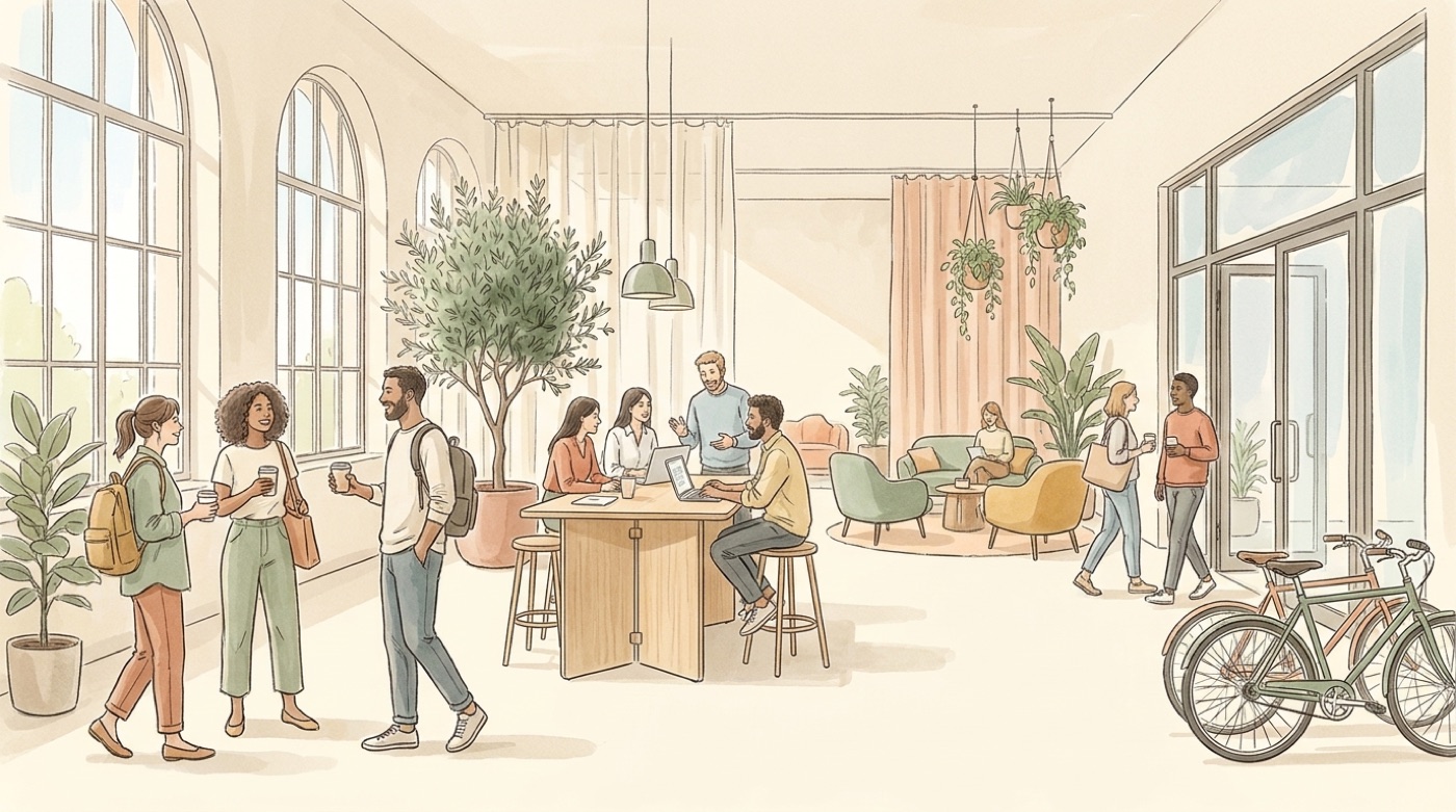 Illustration de collaborateurs qui arrivent au bureau, certains à vélo, et se retrouvent autour de tables hautes dans un espace lumineux