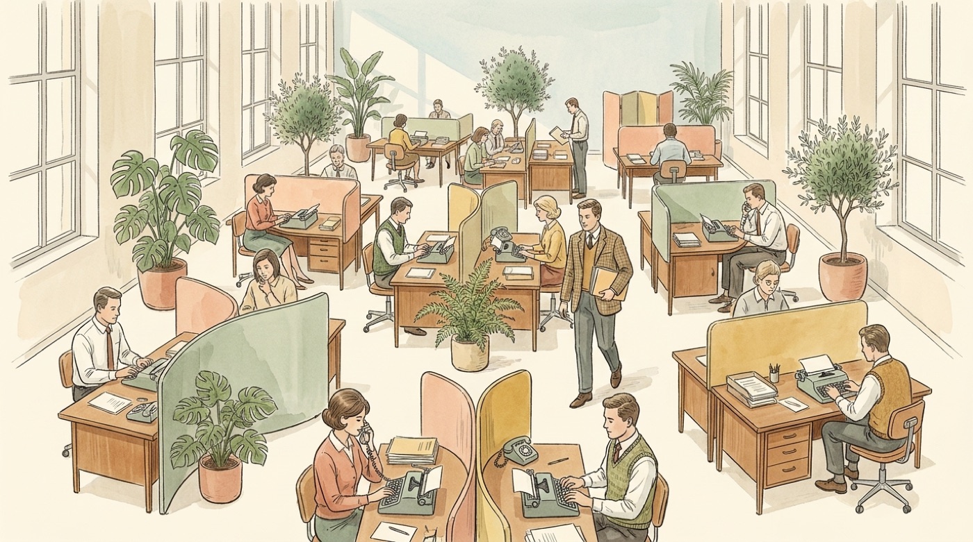Illustration d’un bureau paysager des années 1960, avec des bureaux en bois disposés en îlots irréguliers, séparés par des plantes et des écrans courbes, où des employés tapent à la machine et téléphonent