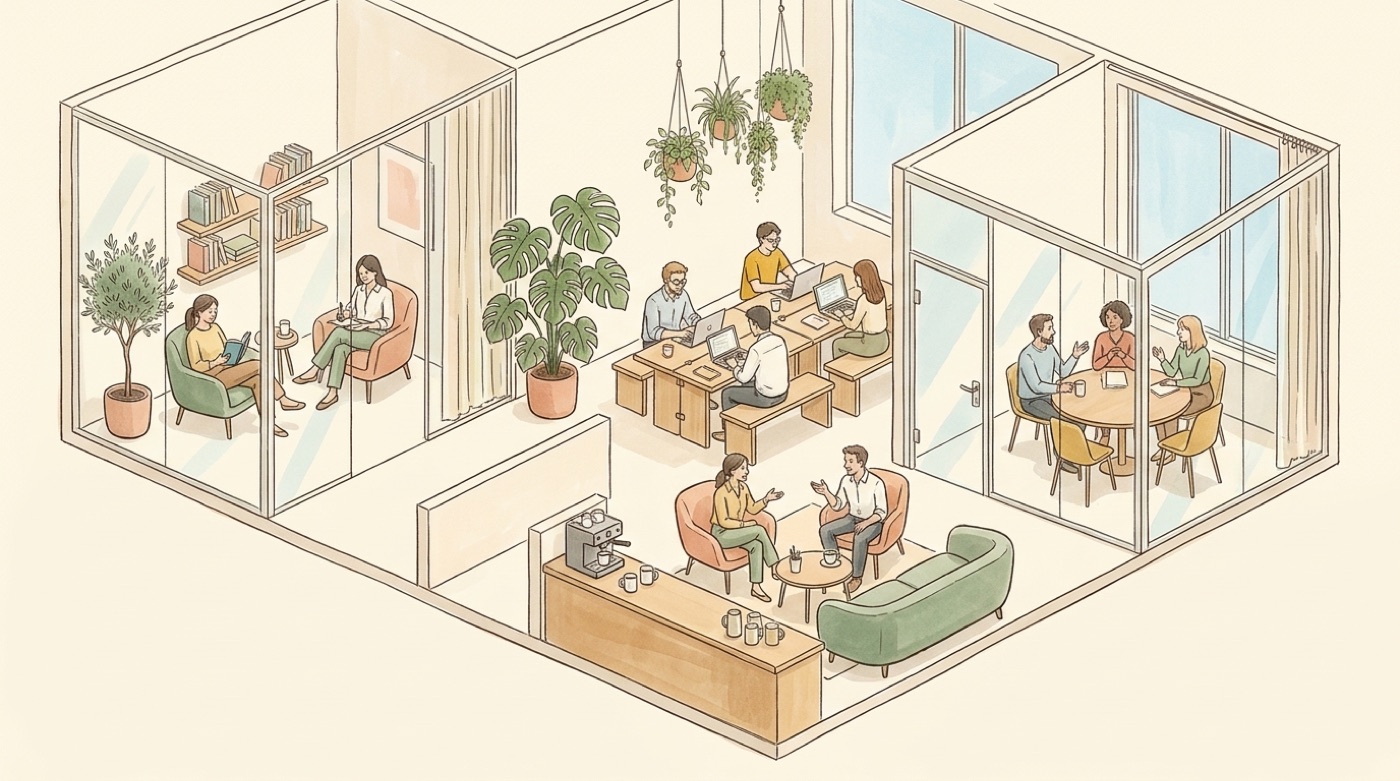 Illustration en coupe d’un plateau de bureaux organisé par activités, avec une pièce calme vitrée où l’on lit, des postes partagés au centre, une petite salle de réunion vitrée et un coin café avec canapé