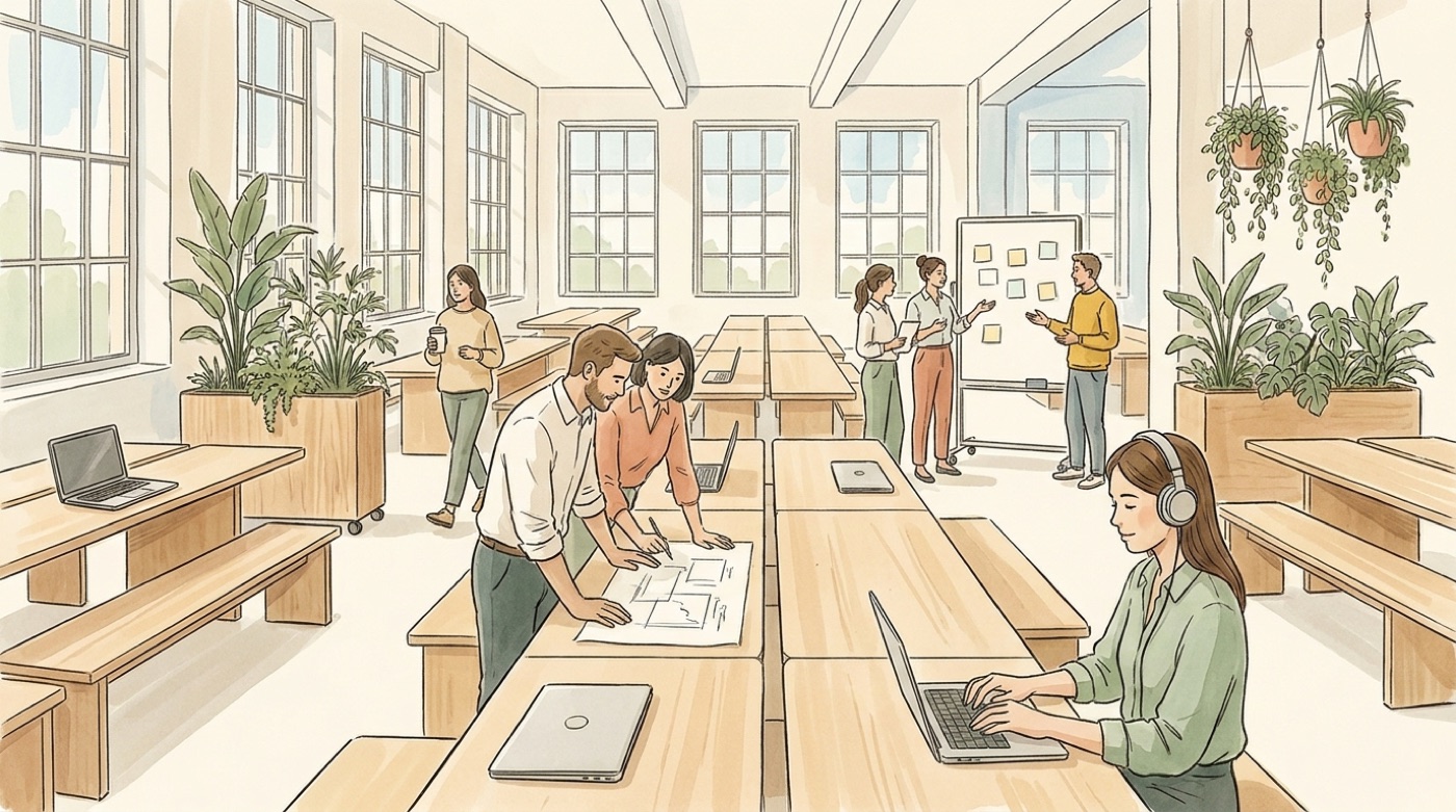Illustration d’un open space lumineux avec de longues tables partagées, où deux collègues discutent penchés sur un plan pendant qu’une troisième travaille au casque