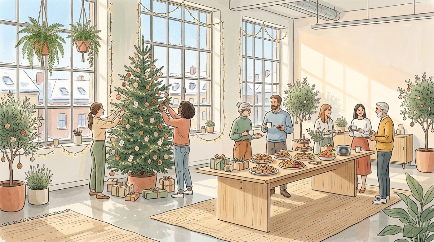 Illustration d’un open space lumineux où des collègues décorent un sapin ensemble et partagent un buffet de fin d’année