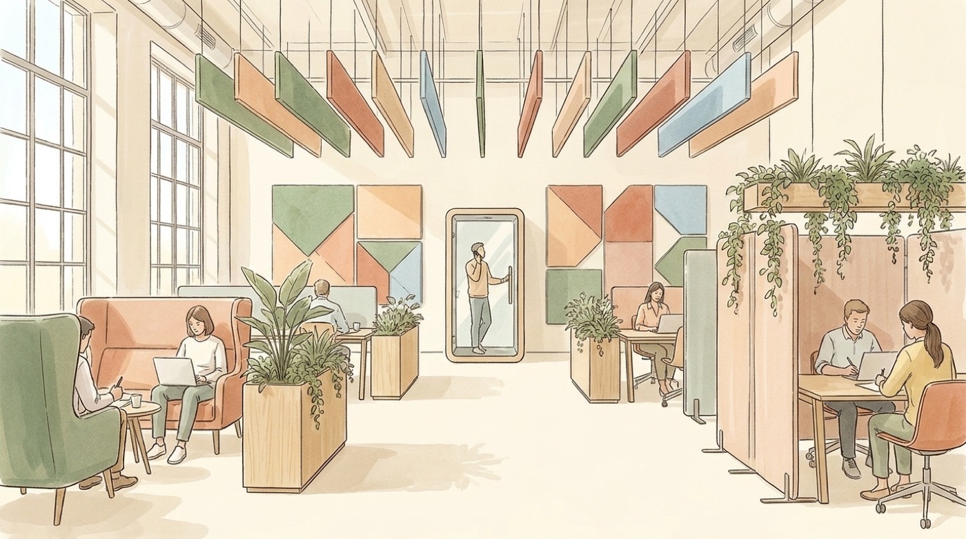 Illustration d’un open space calme, avec panneaux acoustiques suspendus au plafond, panneaux muraux, cabine téléphonique, cloisons et plantes