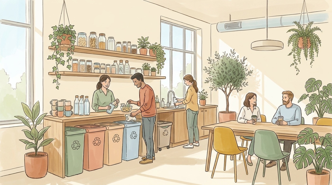 Illustration d’un point de tri dans des bureaux, avec des bacs de couleur près de la cafétéria