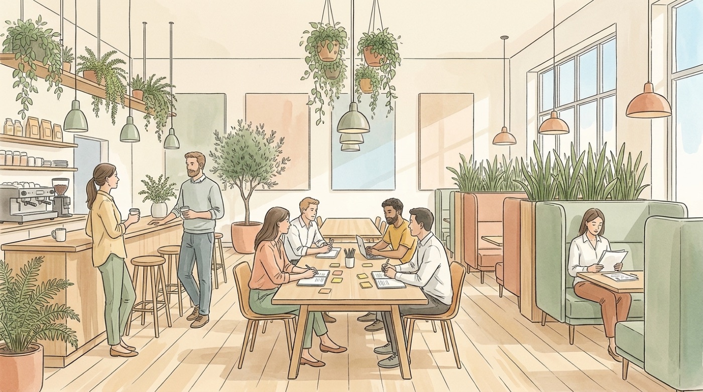 Illustration d’un restaurant d’entreprise organisé en zones, avec un comptoir café où deux collègues discutent, une grande table où une équipe travaille avec des post-it et des banquettes isolées par des plantes où une femme lit seule
