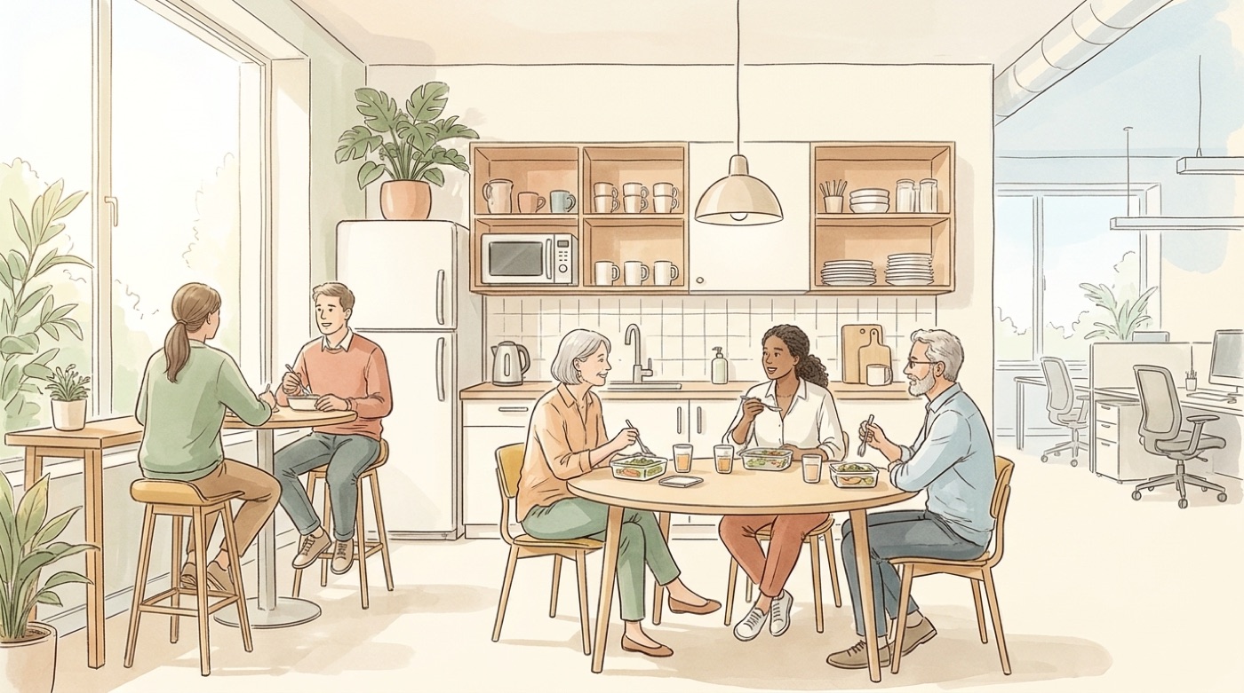 Illustration d’un coin repas de petite entreprise avec réfrigérateur, micro-ondes, évier et étagères de vaisselle, où des collègues déjeunent autour d’une table ronde et d’une table haute près de la fenêtre