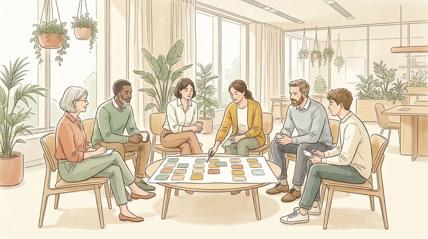 Illustration d’un manager et de son équipe assis en cercle autour d’une table basse, qui organisent des cartes colorées sur une grande feuille pour cartographier leur charge de travail