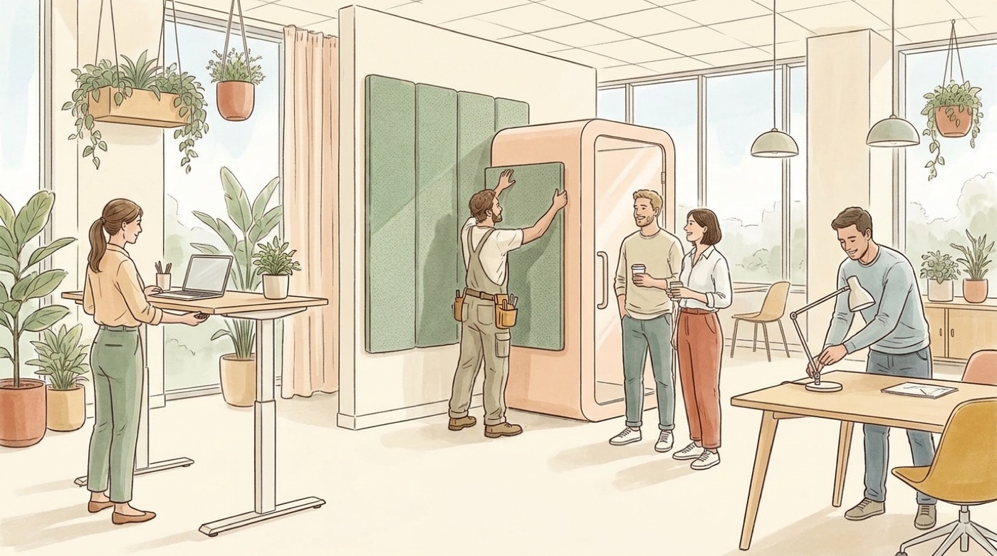 Illustration d’un technicien qui pose des panneaux acoustiques près d’une cabine téléphonique, sous le regard de deux collègues, pendant qu’une salariée règle son bureau assis-debout et qu’un collègue installe une lampe