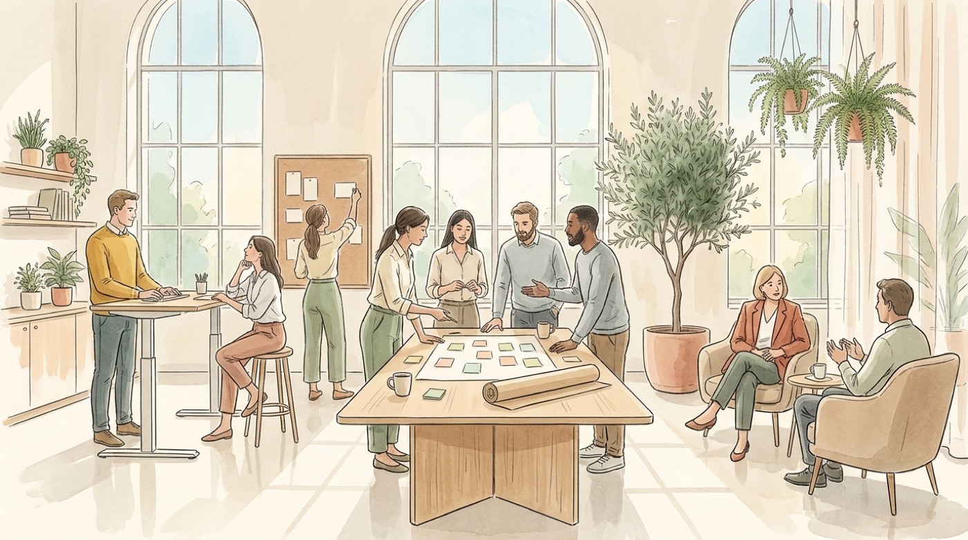 Illustration d’une équipe penchée sur une grande table couverte de post-it colorés, dans un bureau lumineux où d’autres collègues travaillent debout ou échangent dans des fauteuils