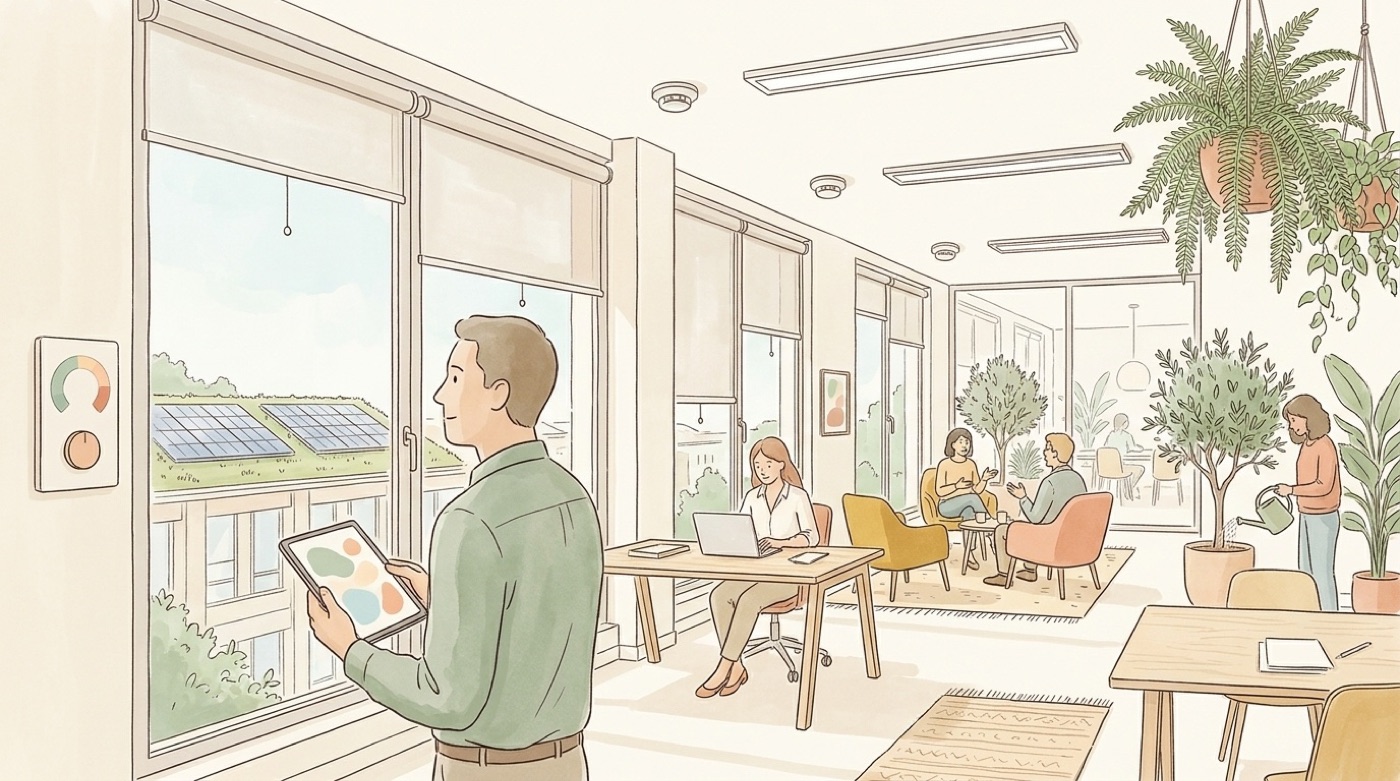 Illustration d’un bureau connecté où un responsable des services généraux consulte une tablette près des stores automatiques, avec capteurs au plafond et toiture solaire végétalisée en face
