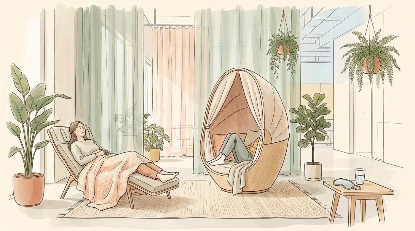 Illustration d’une salle de sieste en entreprise, avec fauteuils inclinables, plaids et lumière tamisée