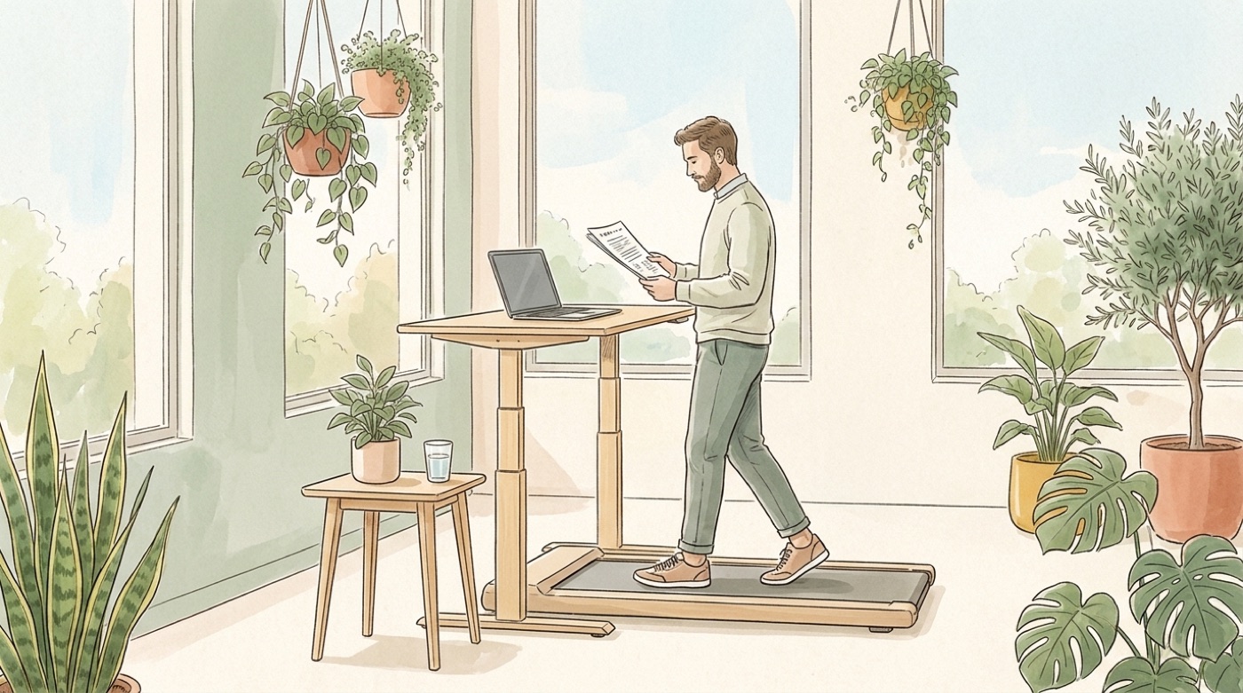 Illustration d’un homme qui marche lentement sur un tapis de marche sous un bureau assis-debout en lisant un document imprimé, près d’une grande fenêtre et de plantes
