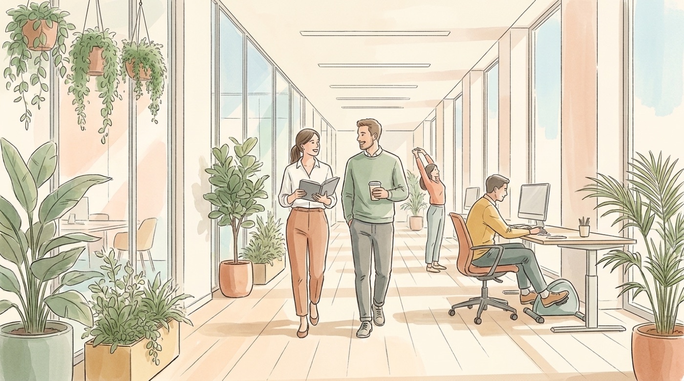 Illustration de deux collègues qui font une réunion en marchant dans un couloir lumineux et végétalisé, pendant qu’un salarié pédale sous son bureau et qu’une femme s’étire près de la fenêtre