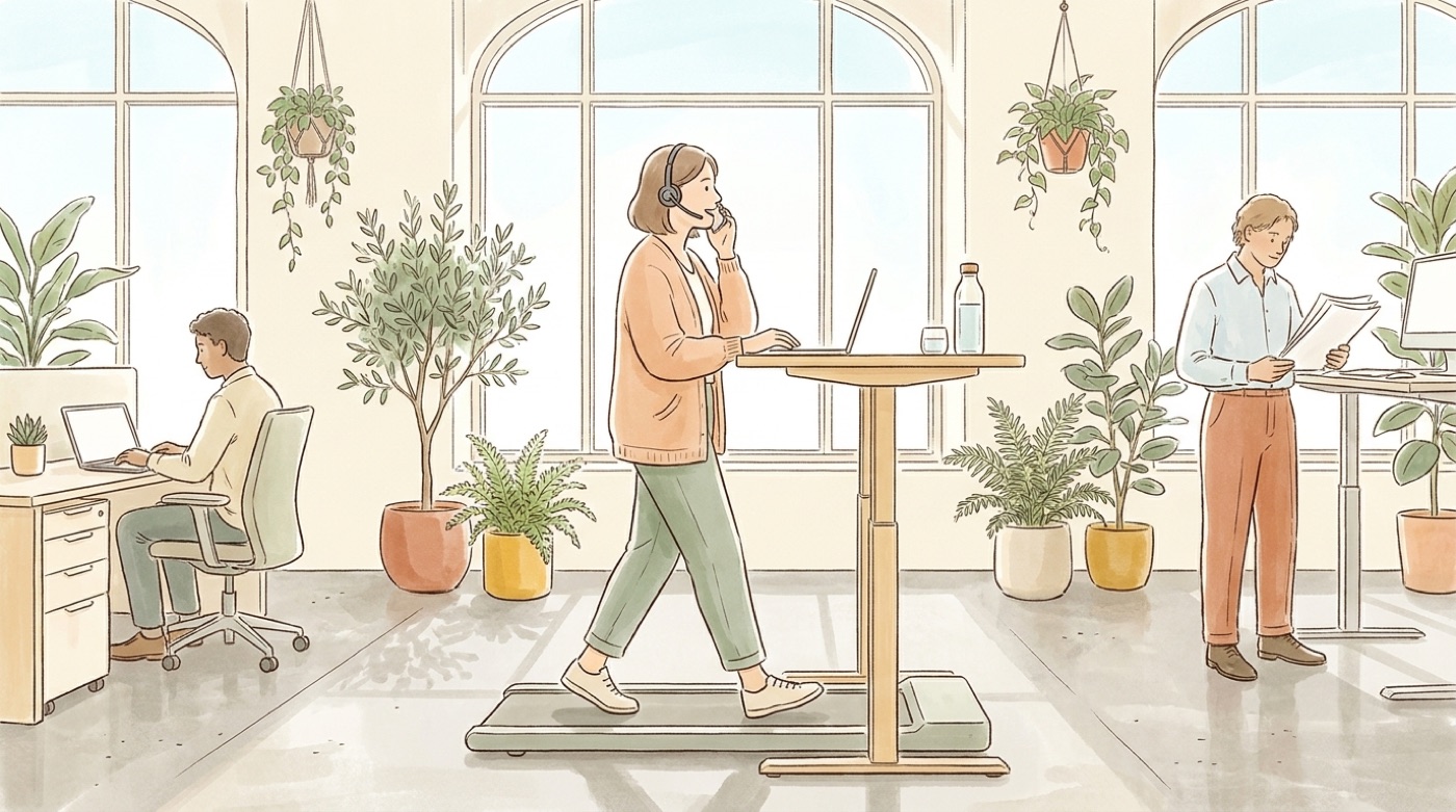 Illustration d’une femme qui marche sur un tapis de marche glissé sous un bureau assis-debout en passant un appel, entre un collègue assis et un autre debout qui lit